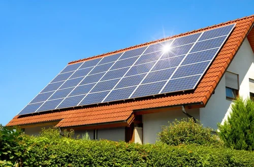 Residential rooftop solar panels on a modern house